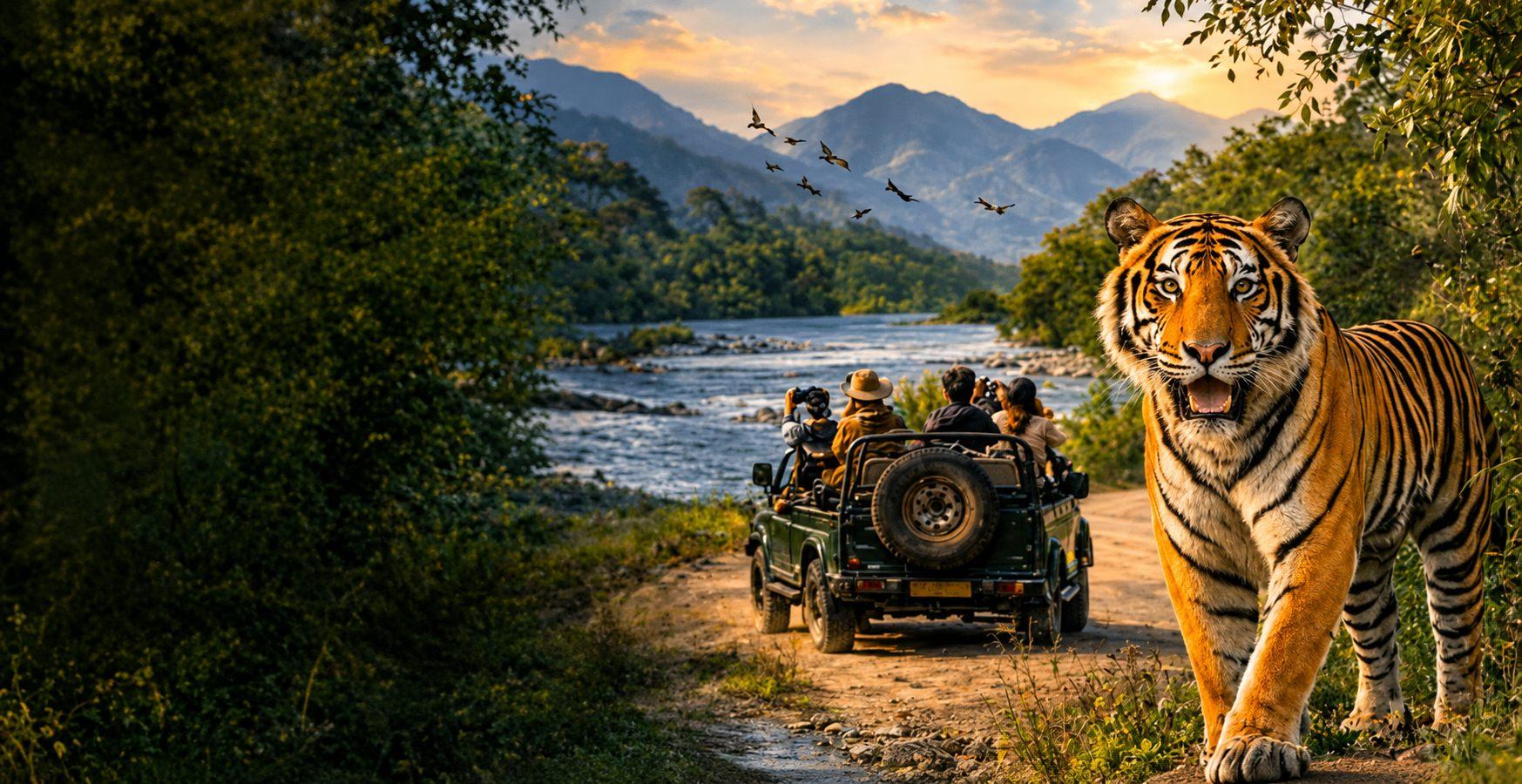 Safari jeep and tiger by a forest river